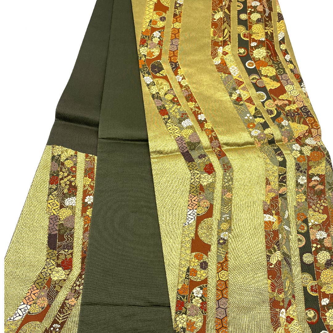 袋帯 金色 本金箔 献上松皮流し文 吉祥文様 帯丈433cm 正絹 Aランク 六通 フォーマル 金系 1123005613321