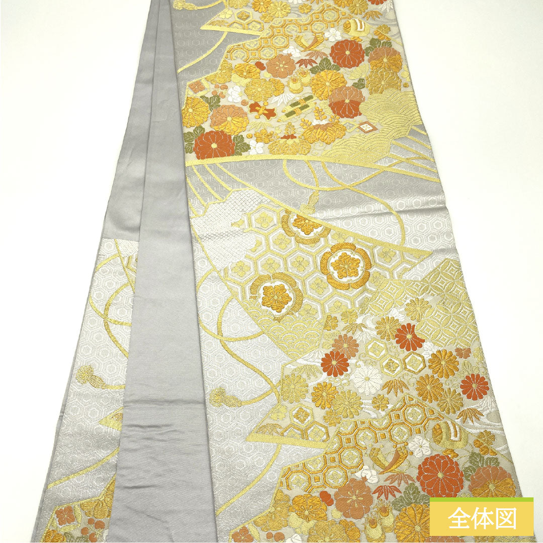 Fukuro obi, pure silk, A rank, Meikin Shiho, Nishijin-ori, auspicious patterns, obi length 430cm, rokutsu, formal, silver, 1123017413322