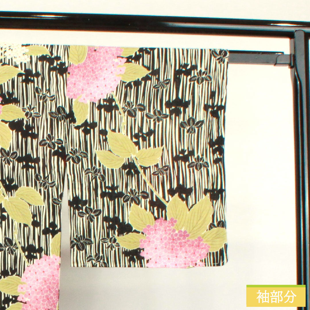 Summer kimono, polyester, small pattern, length 169.5cm, sleeve length 70cm, hydrangea, washable kimono, basting thread included, unused, silk, S rank, black, 1132001852510