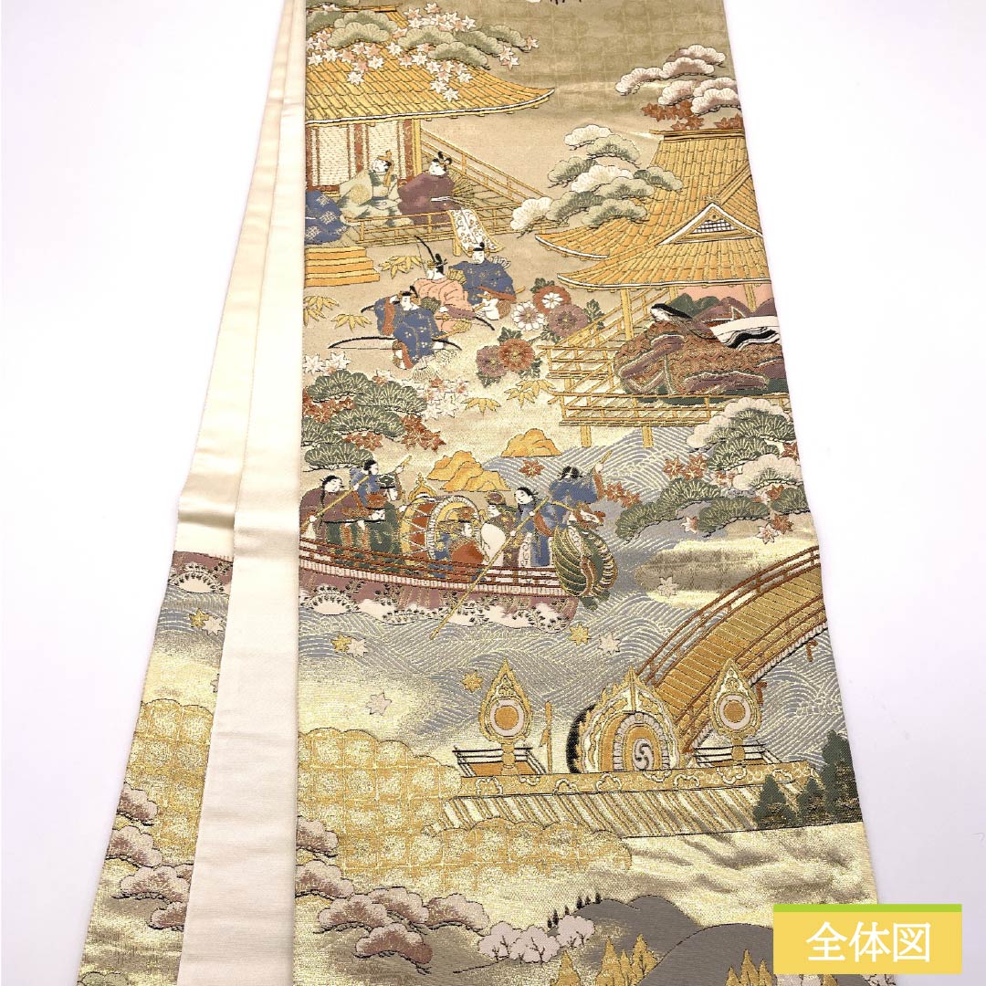 袋帯 正絹 時代人物風景模様 留袖用 本金箔 駒競行幸絵巻 帯丈434cm Aランク 六通 フォーマル 金系 1123014253321