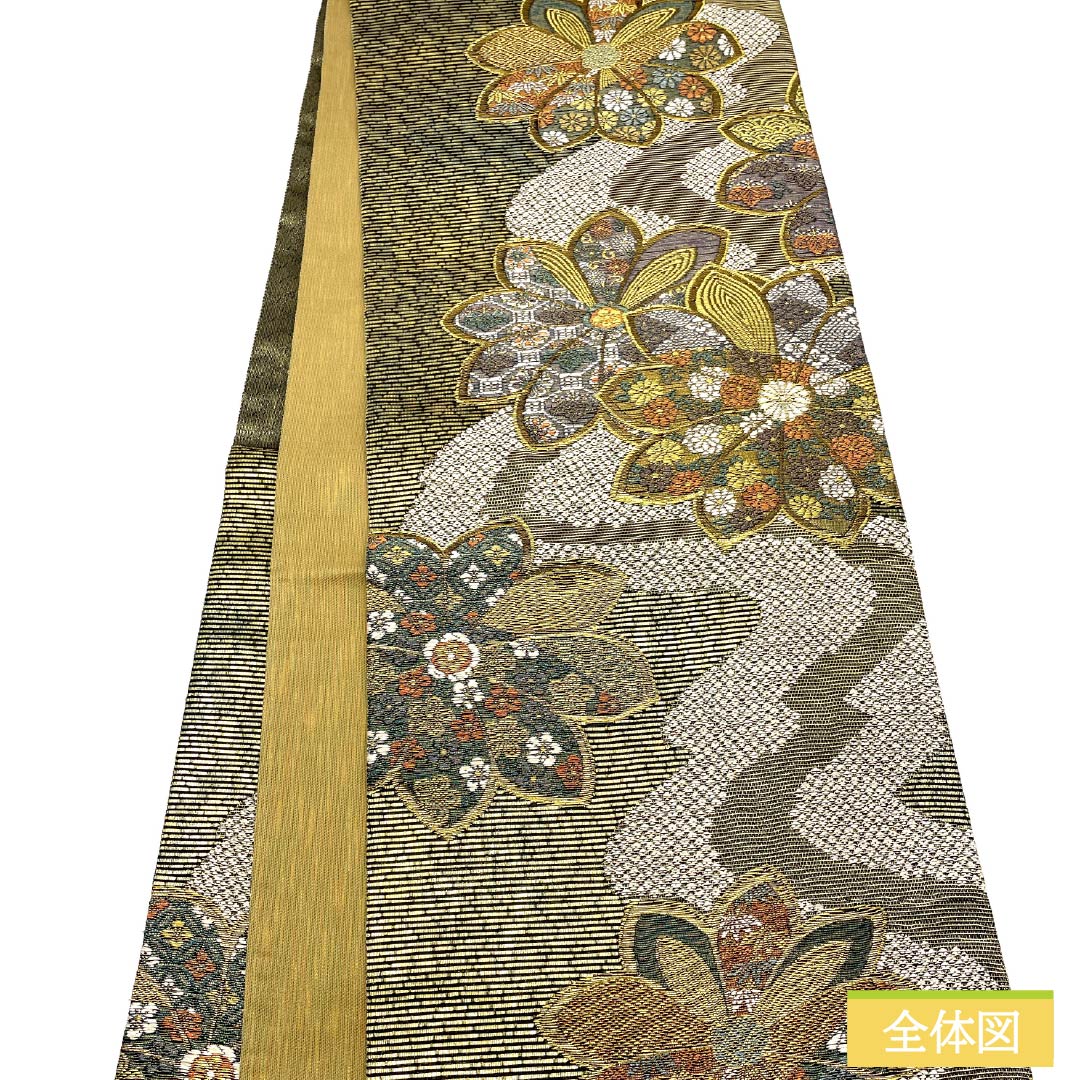 袋帯 正絹 引箔 流水 鹿の子 綾金 帯丈436cm Sランク 六通 フォーマル 金系 1123013462321