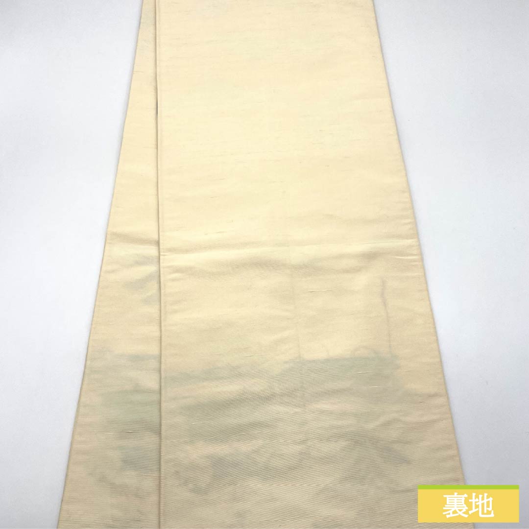 袋帯 正絹 Aランク 生成り色(きなりいろ) ふくれ織 紬地 草花模様 帯丈426cm 六通 カジュアル クリーム系 1123015303315