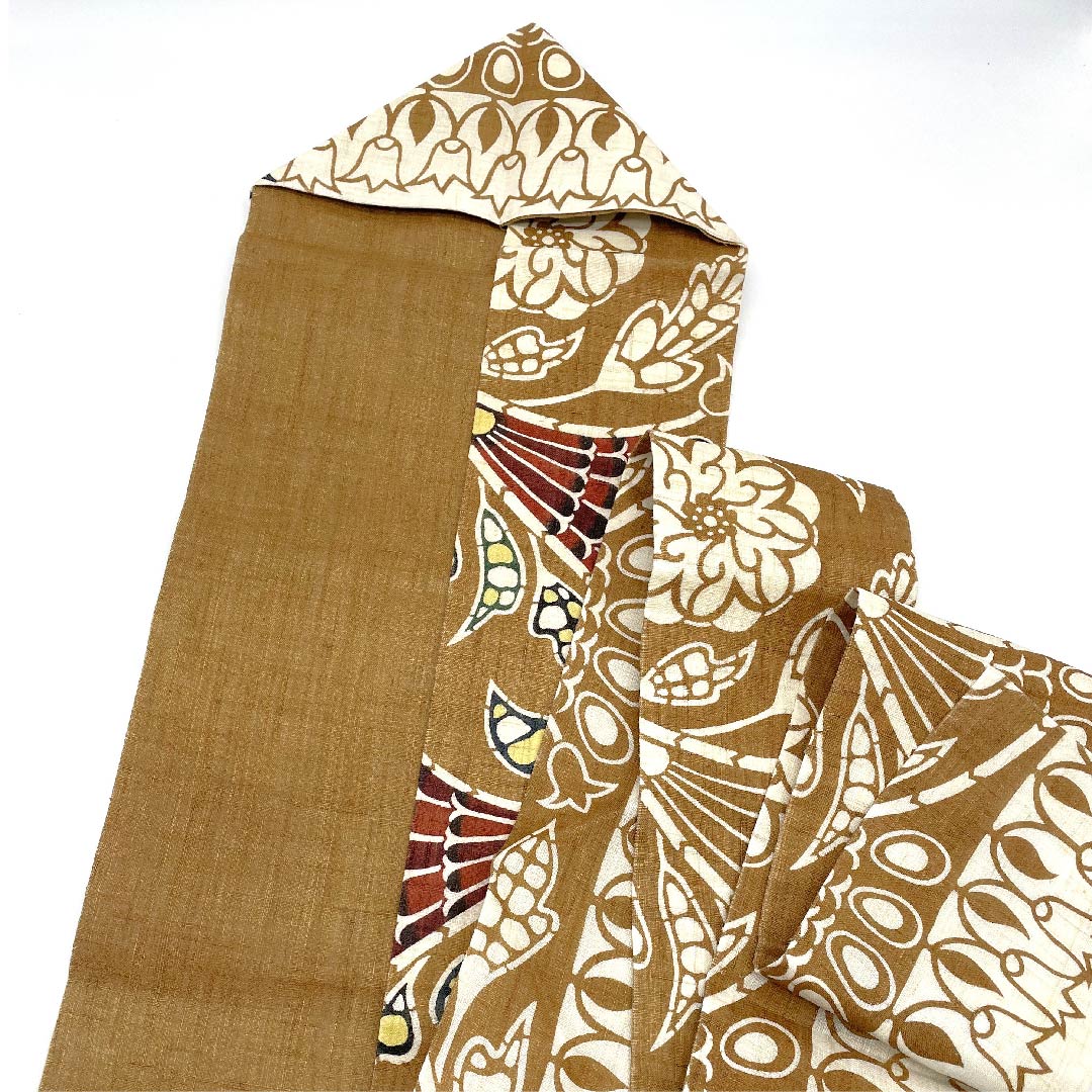 名古屋帯 幹色 京紅型 栗山工房 象 抽象花模様 帯丈376cm 麻 Sランク ポイント柄 カジュアル 茶系 1124005262314 名古屋仕立て