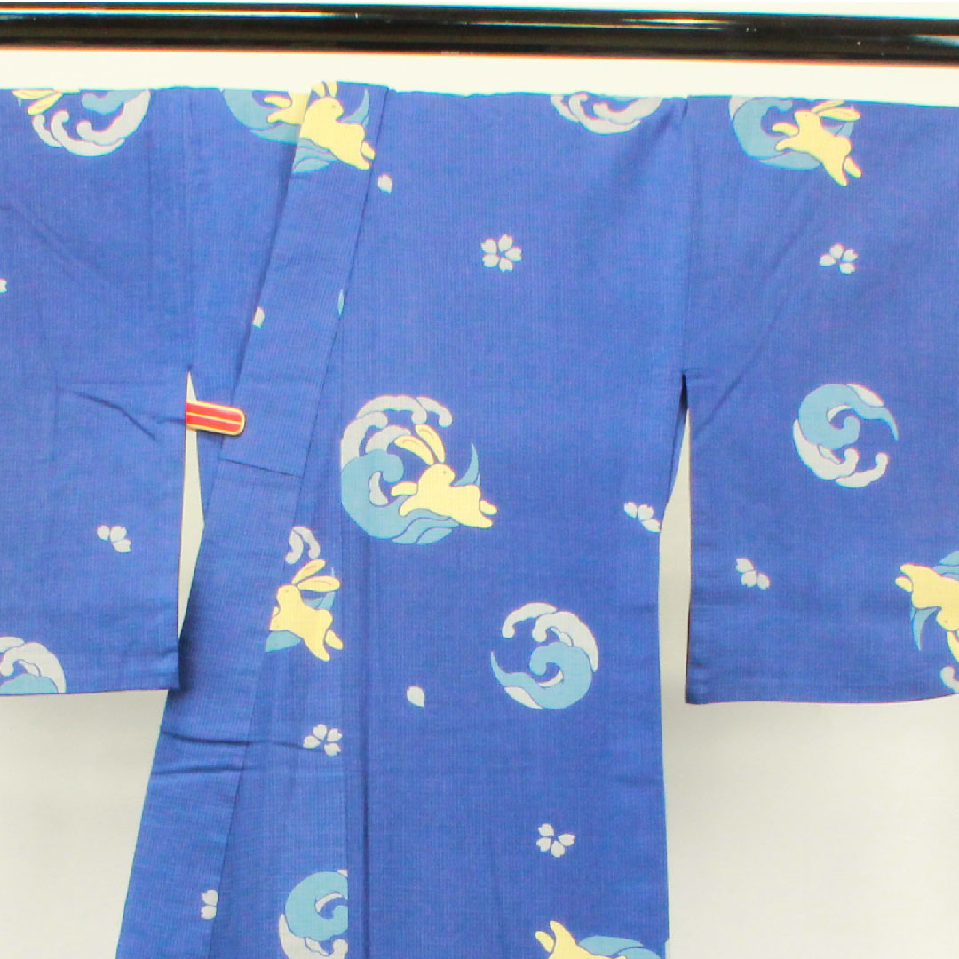 浴衣 桔梗色 ウサギ 桜 木綿 Sランク 単衣 身丈162.5cm 裄丈65.5cm 青系 1118002962417