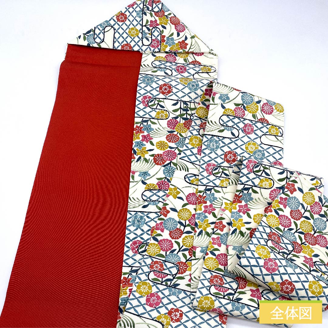 Nagoya obi, milky white color, stencil dyeing, Kyoto red pattern, Shippo, chrysanthemum, bellflower, plum, obi length 364.5cm, pure silk, S rank, full length, casual, white, 1124005872311, Nagoya style