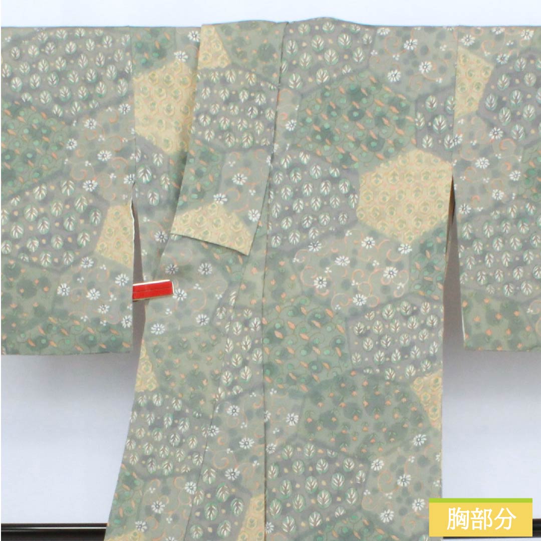 小紋 正絹 Sランク 身丈159cm 裄丈64cm 袷 利休鼠色(りきゅうねずみいろ) ちりめん地 割付 更紗 型染 緑系 1115006522319