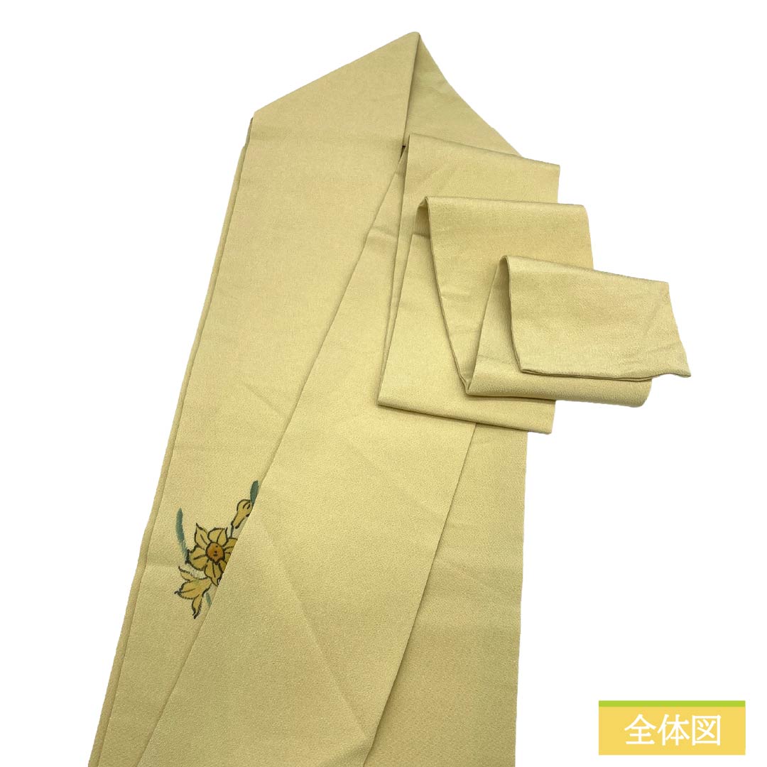 名古屋帯 正絹 Aランク 名古屋仕立て 魚子黄色(ぎょしこう) 水仙 染め帯 ちりめん地 帯丈383cm ポイント柄 カジュアル 黄系 1124014333423