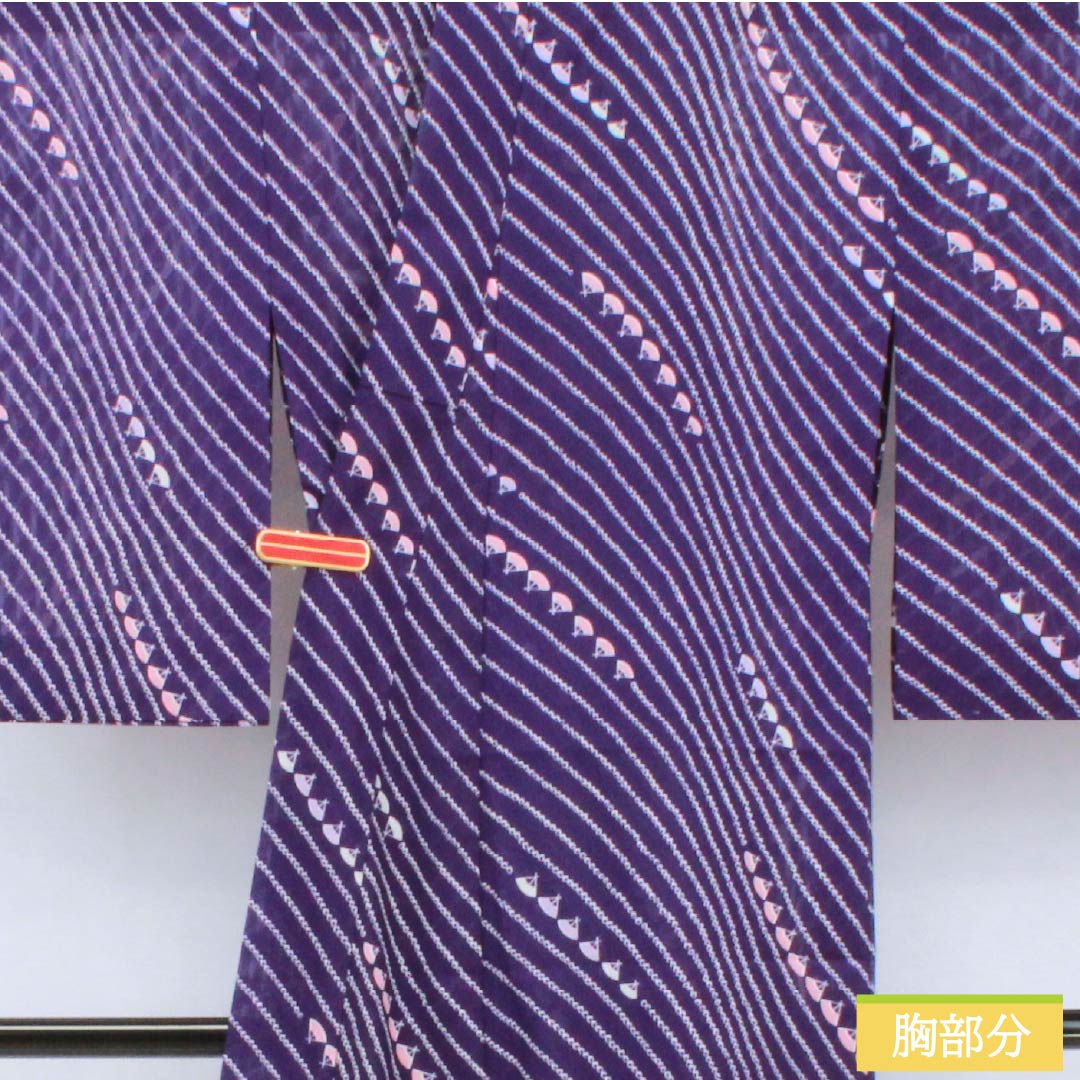 夏物 ポリエステル 小紋 身丈160.5cm 裄丈65cm 菫色(すみれいろ) 扇面 洗える着物 絽 Aランク 紫系 1132002543420