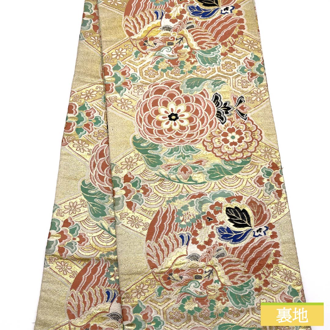 (丸帯)袋帯 正絹 Aランク 丸帯 留袖用 古典柄 鶴 菊 帯丈376cm 全通 フォーマル 金系 1123015773321