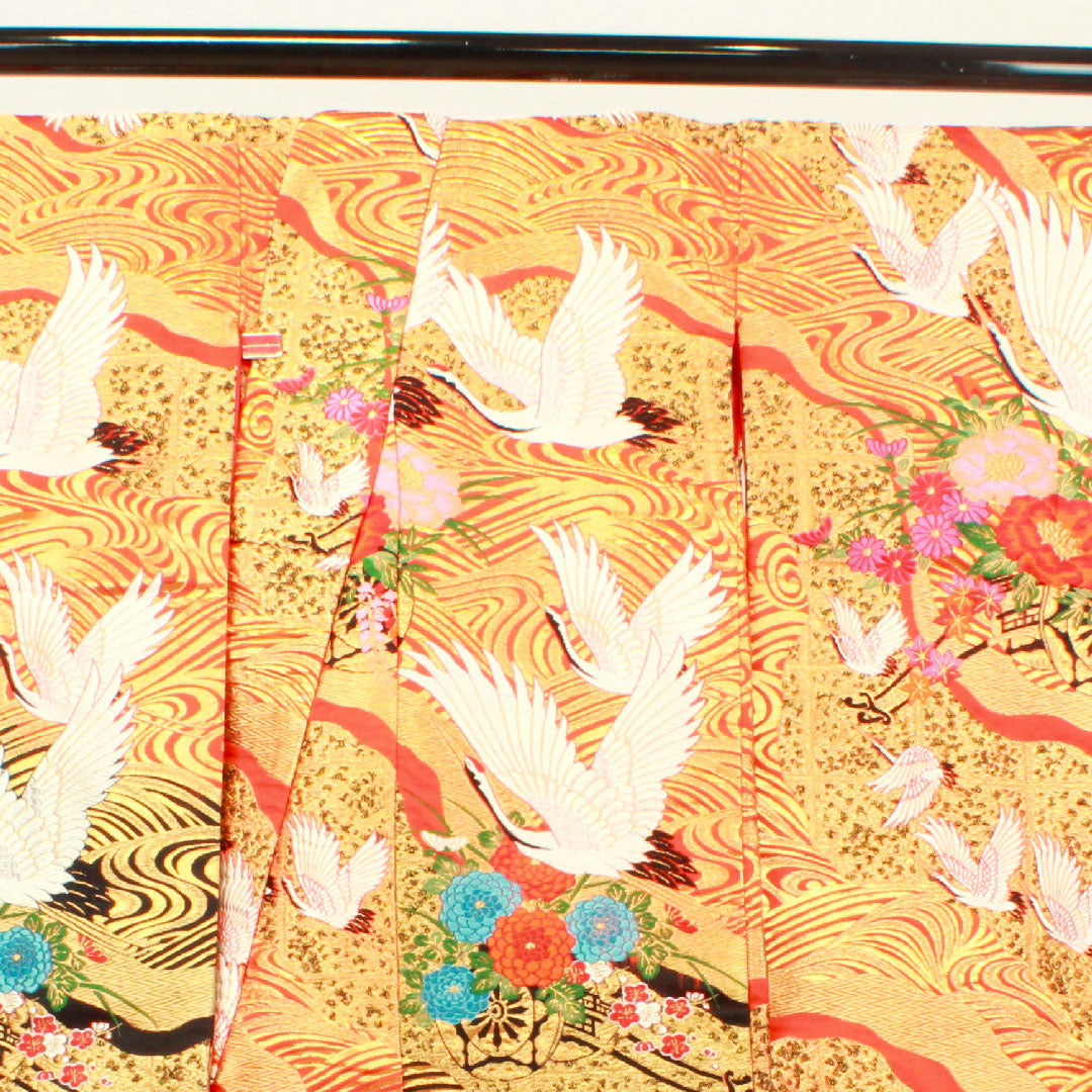 Colored uchikake, length 191cm, scarlet, Karaori, flowing water, crane, pure silk, S rank, lined, vermilion, 1110000292916