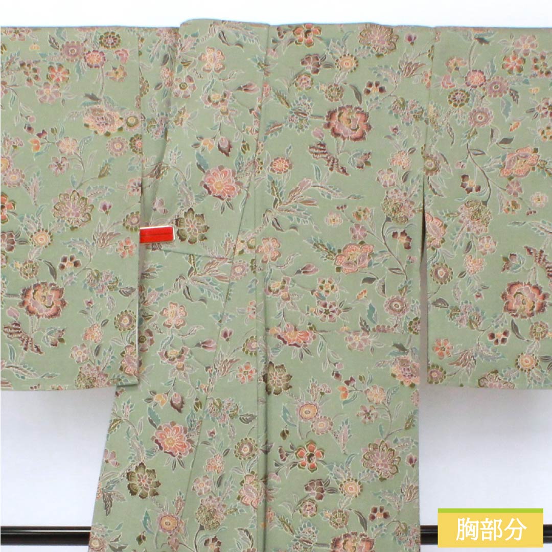 小紋 正絹 Sランク 身丈156.5cm 裄丈63cm 袷 利休鼠色(りきゅうねずみいろ) 更紗 緑系 1115007162319