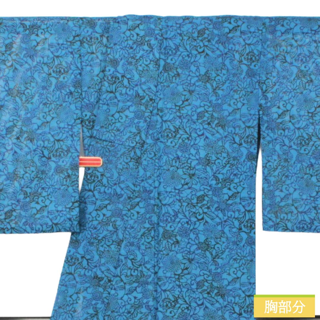 夏物 ポリエステル 小紋 Sランク 身丈160cm 裄丈64.5cm 次縹色(つぎのはなだいろ) 洗える着物 草花模様 型染 絽 青系 1132005962417