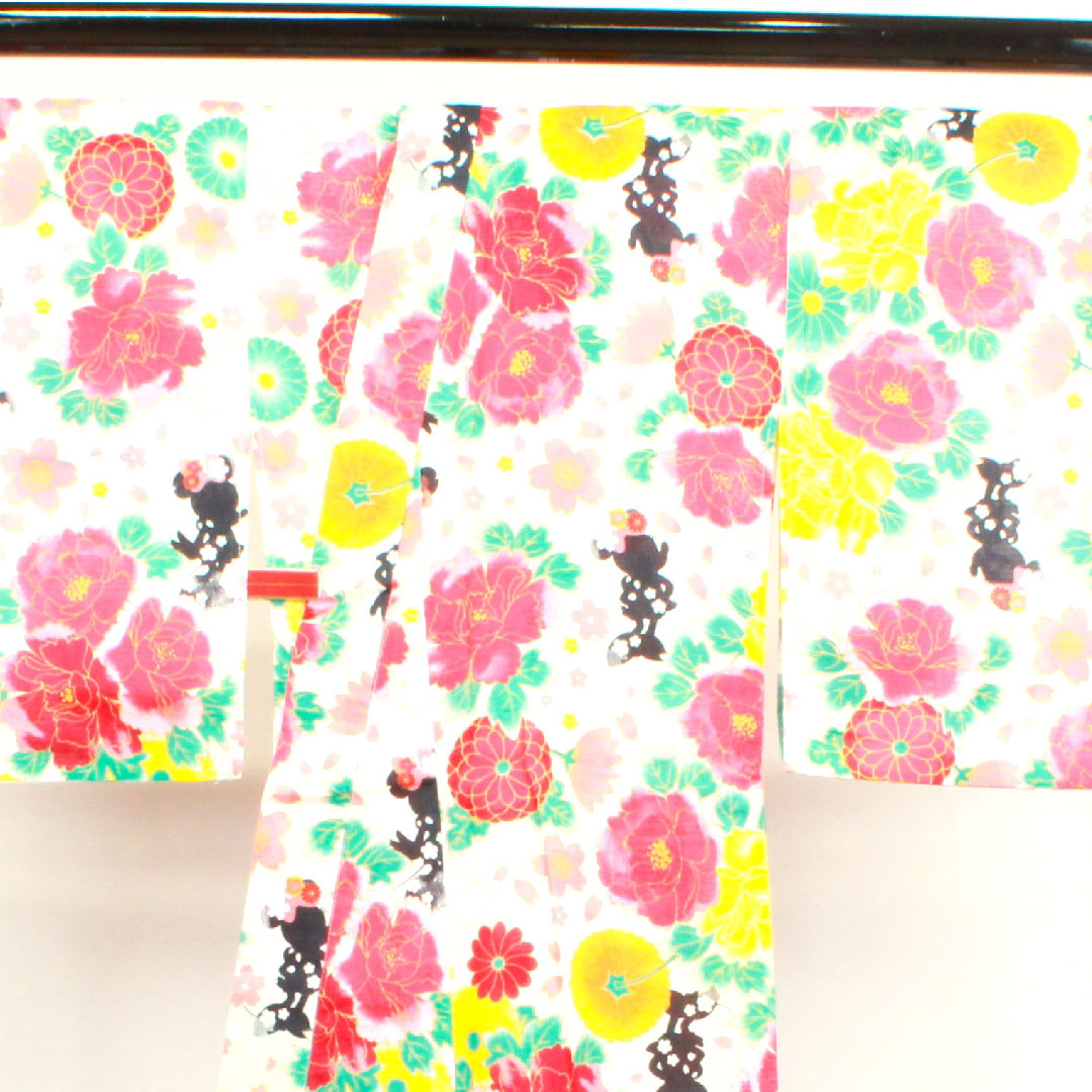 浴衣 ディズニー ミニーマウス 牡丹 桜 菊 木綿 Sランク 単衣 身丈162cm 裄丈65.5cm 白系 1118003902411