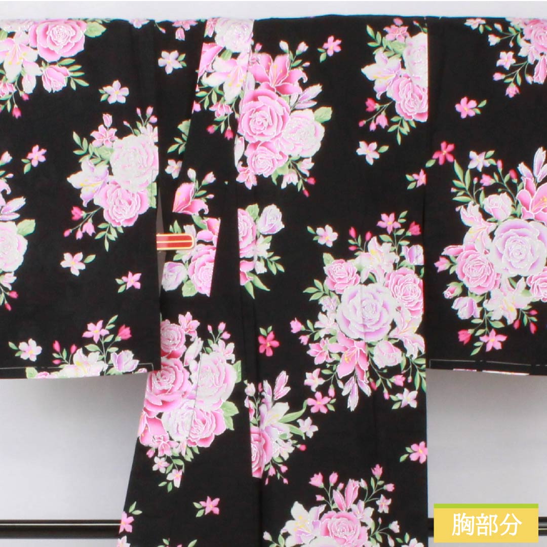 浴衣 木綿 身丈163cm 裄丈64.5cm Sランク 単衣 黒系 薔薇 ラメ 1118006062410