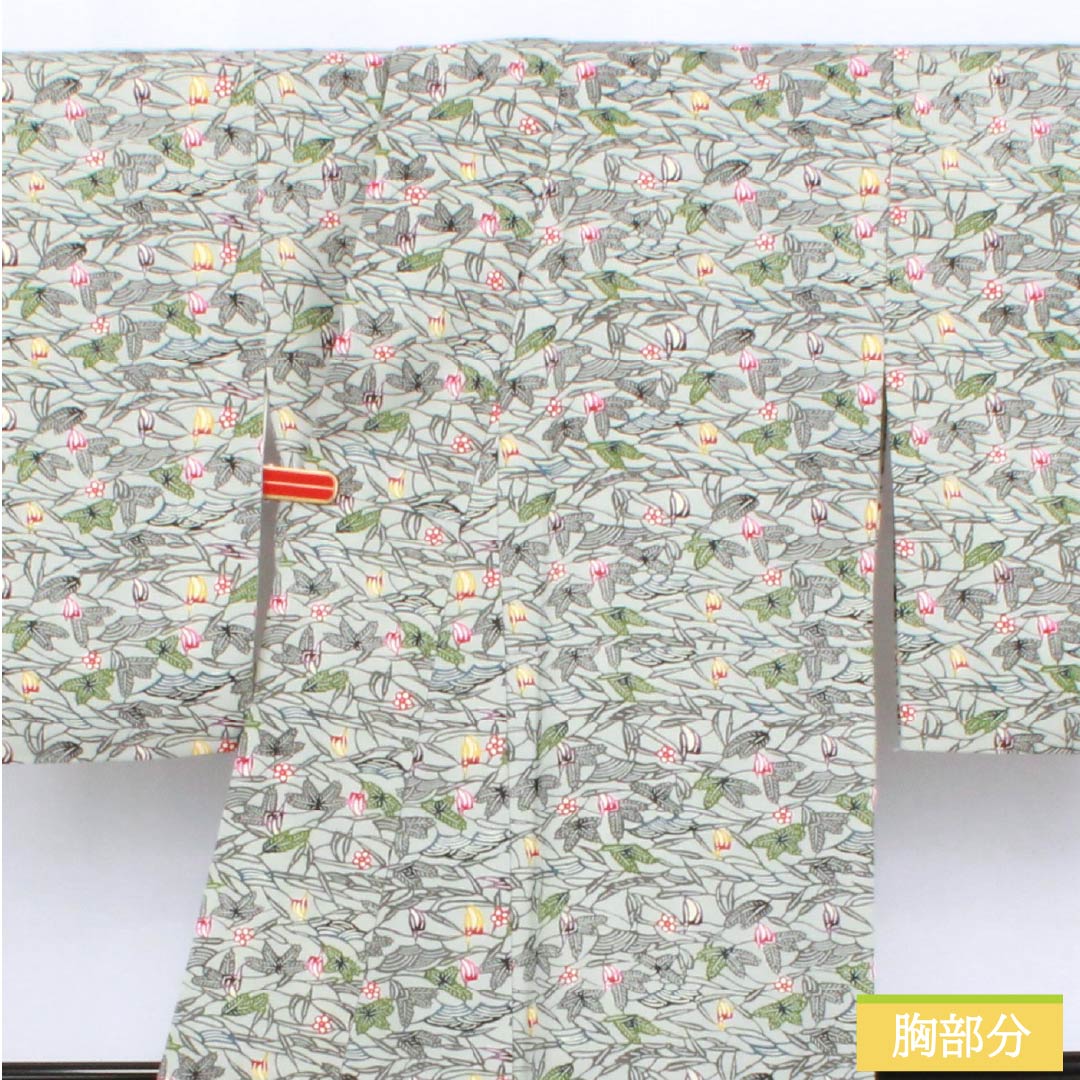 Komon (small pattern) kimono, pure silk, length 156cm, sleeve length 63cm, lined, fish belly white (gyo to akuiro) design, Ryukyu Bingata floral pattern, S rank, gray, 1115006132322