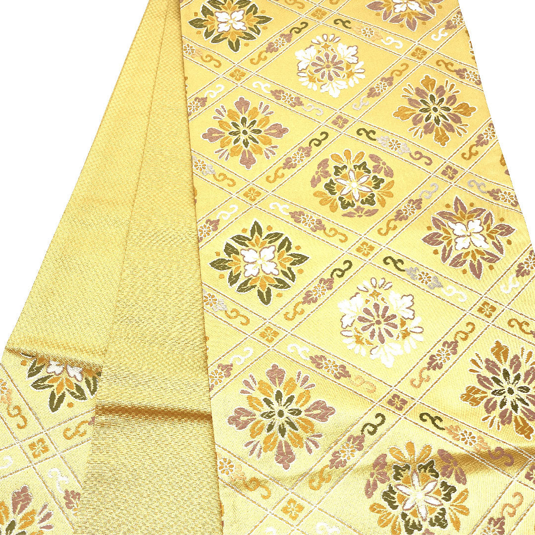 (未仕立)袋帯 花柄 菱 単衣 帯丈452cm 正絹 NEWランク 六通 セミフォーマル 黄系 1123002511423