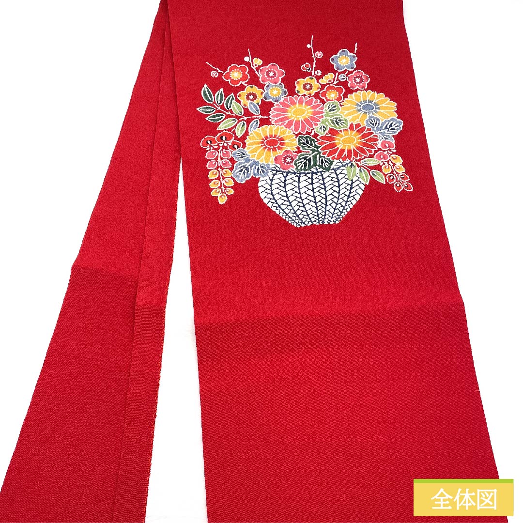 Nagoya obi, Turkish red, stencil dyeing, Kyoto Bingata, flower basket, obi length 368cm, pure silk, A rank, point pattern, casual, red, 1124005693312, open style