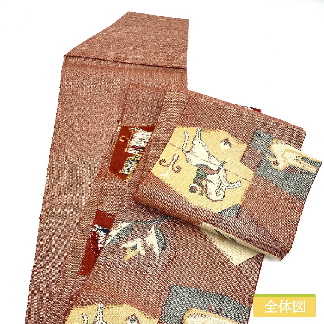 名古屋帯 辰砂色(しんしゃいろ) 紬地 乗馬 鳥 帯丈359.5cm 正絹 Sランク 六通 カジュアル 朱系 1124007492316 松葉仕立て