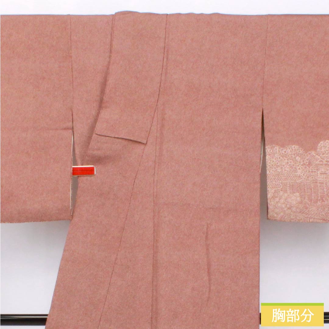 訪問着 正絹 Aランク 袷 身丈157cm 裄丈63cm 赤銅色(しゃくどういろ) 型染 江戸小紋 鮫柄 風景模様 茶系 1112006133314