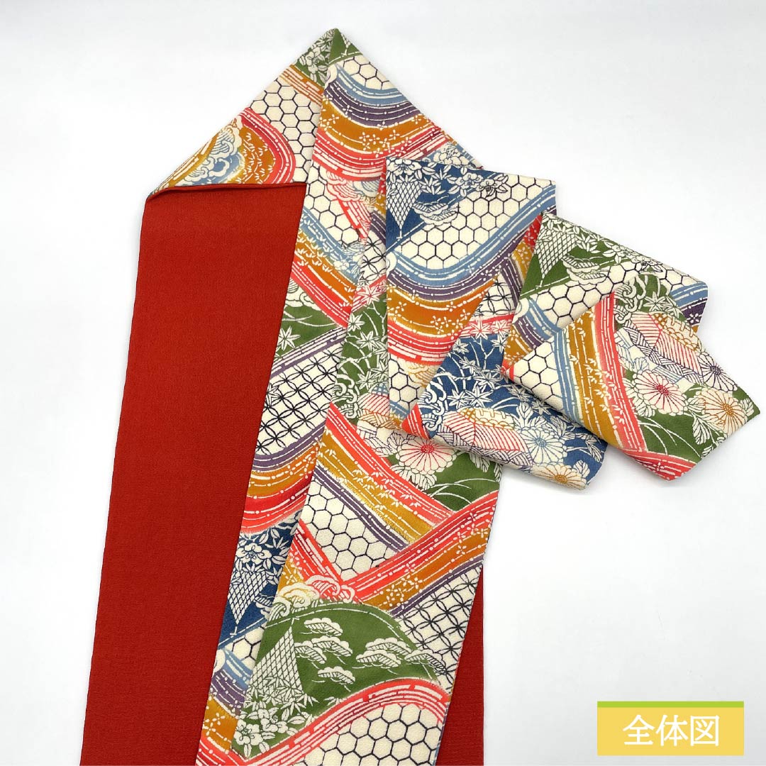 名古屋帯 濃紅葉色(こいもみじいろ) 京紅型 ちりめん地 七宝 帯丈370cm 正絹 Sランク 全通 セミフォーマル グラデーション系 1124007322399 名古屋仕立て