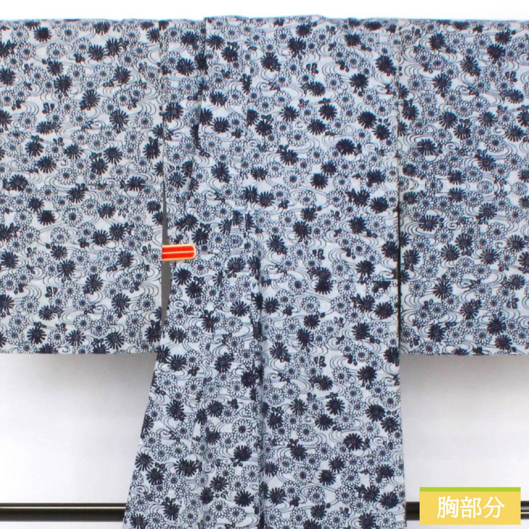 浴衣 木綿 身丈154cm 裄丈62cm Bランク 単衣 グレー系 水銀色(すいぎんいろ) 菊 流水 1118005914222