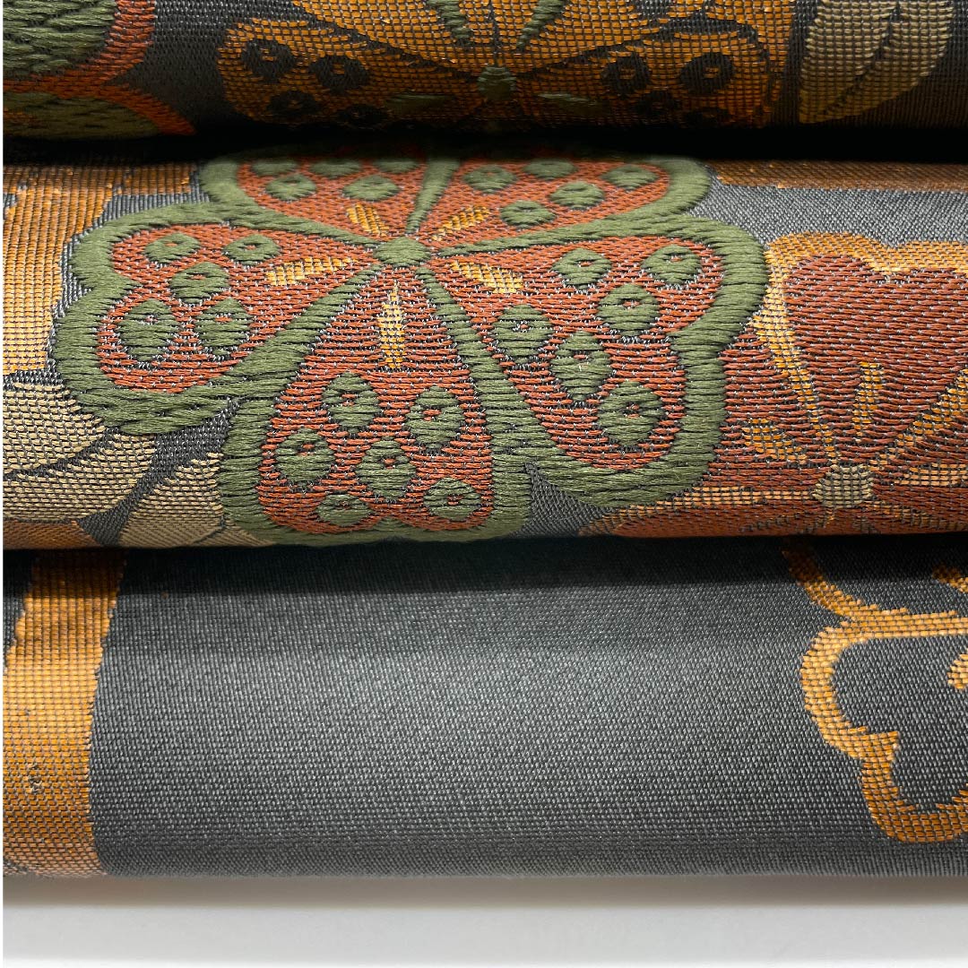 名古屋帯 京袋帯 具墨色 桜 井桁 帯丈374cm ポリ Aランク 六通 セミフォーマル グレー系 1124003313322 開き仕立て