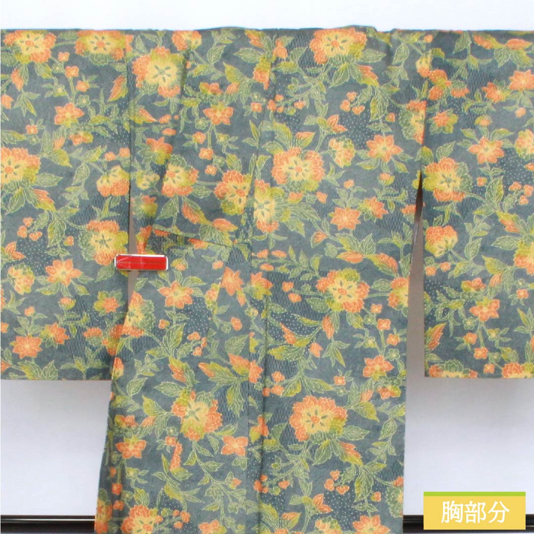 小紋 ポリエステル Sランク 身丈159.5cm 裄丈63.5cm 袷 御召御納戸色(おめしおなんどいろ) 洋花 洗える着物 青系 1115007282317