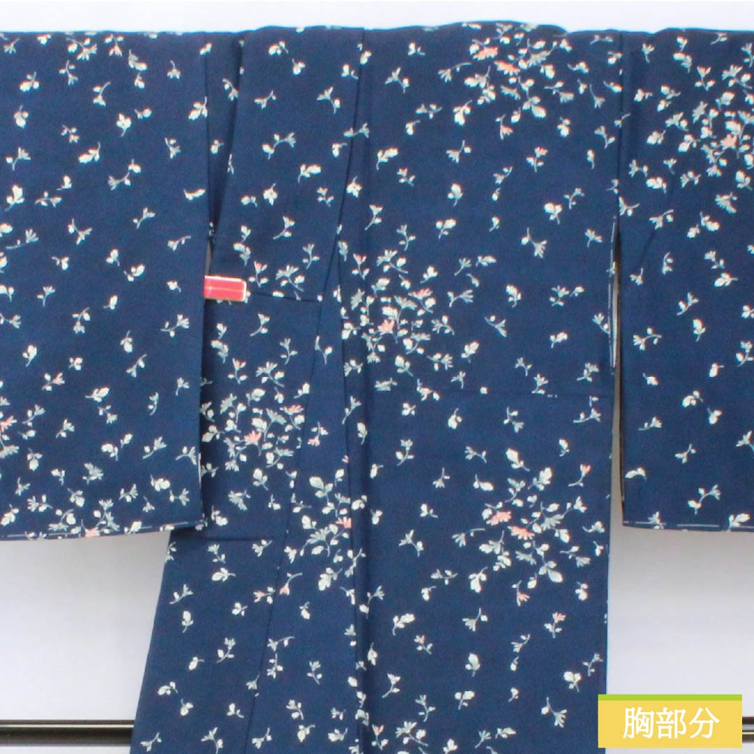 Small pattern, polyester, length 167cm, sleeve length 69cm, lined, navy blue, small flowers, washable kimono, basting thread included, S rank, navy blue, 1115005642518