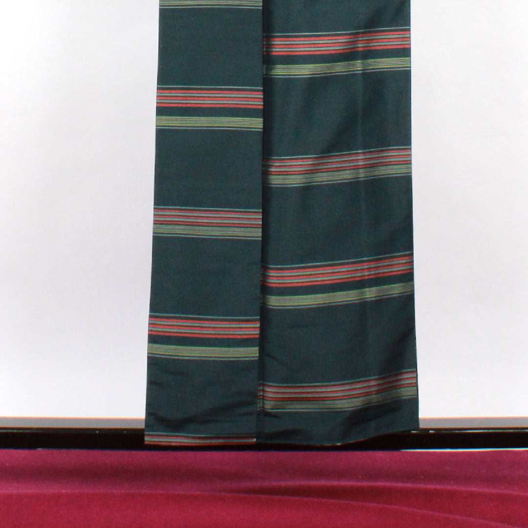 大島紬 身丈149.5cm 裄丈64cm 百入茶色 横縞模様 正絹 Sランク 袷 緑系 1116001662119