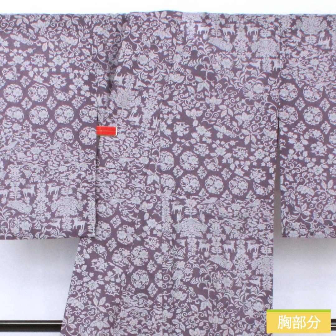 夏物 ポリエステル 小紋 身丈165.5cm 裄丈64.5cm 滅紫色(けしむらさきいろ) 割付 更紗模様 洗える着物 紗 Sランク 紫系 1132002152520