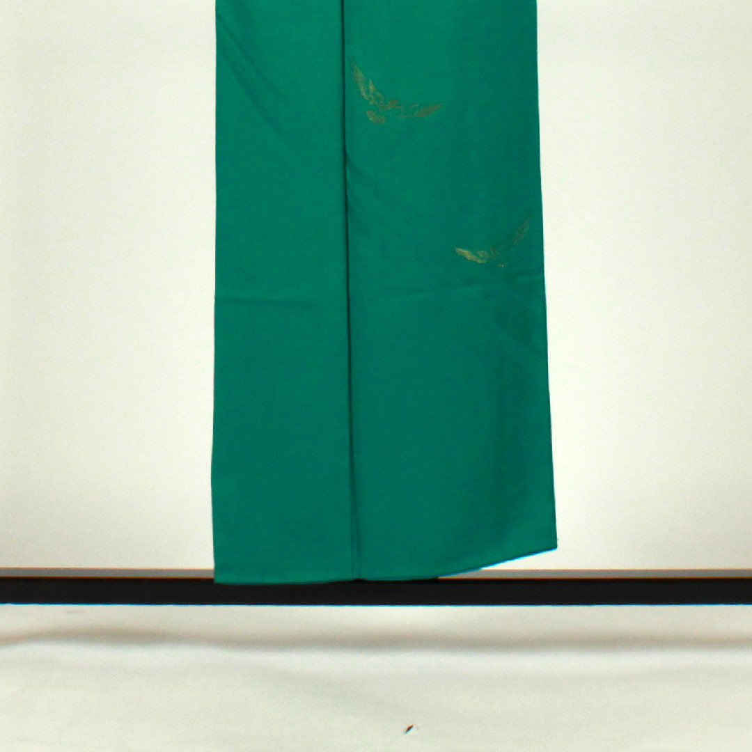 色無地 斉藤三才 三才鳥 身丈152.5cm 裄丈65.5cm 袷 正絹 Aランク 緑系 1114000443219