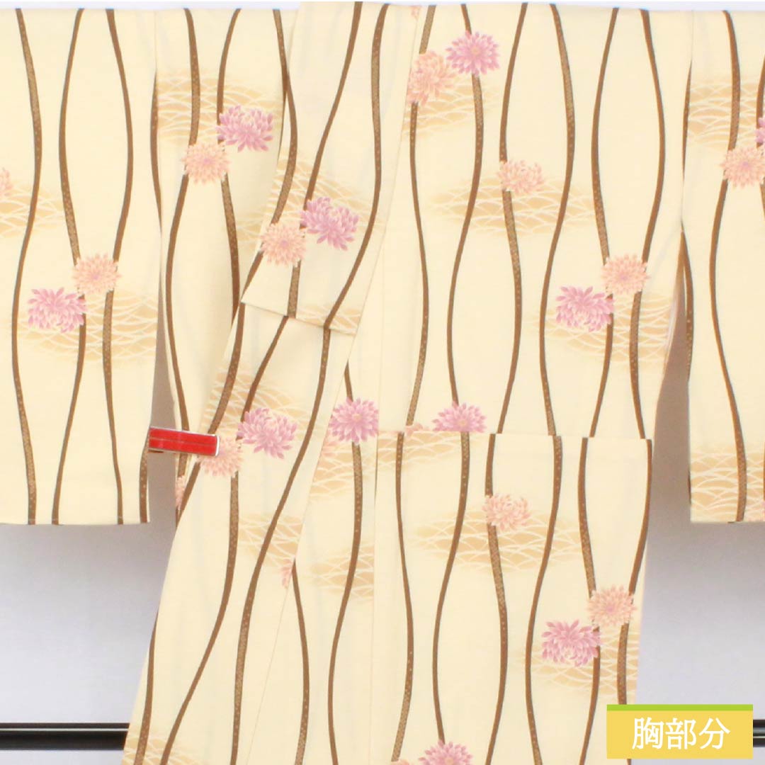 小紋 ポリエステル 身丈171.5cm 裄丈68cm 袷 薄卵色(うすたまごいろ) 立涌 菊 洗える着物 Aランク クリーム系 1115006033615