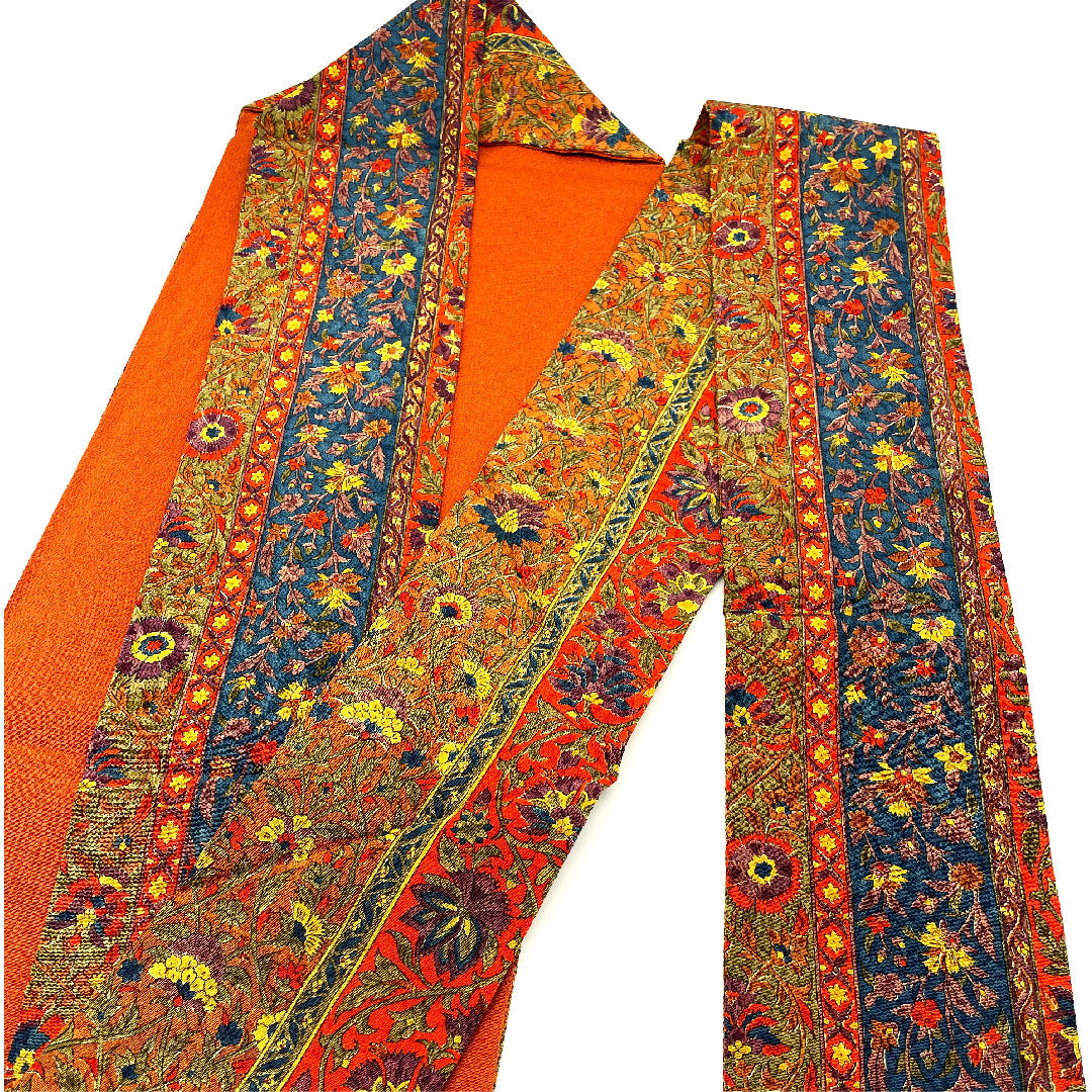 名古屋帯 縮緬 縞 花更紗模様 帯丈345cm 正絹 Sランク 全通 カジュアル 茶系 1124001722314 名古屋仕立て