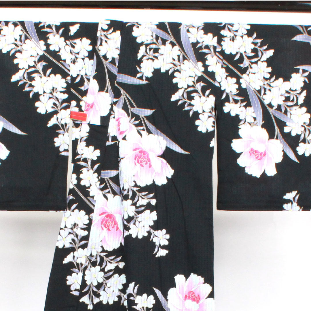 浴衣 牡丹 木綿 Sランク 単衣 身丈158cm 裄丈67.5cm 黒系 1118002112310