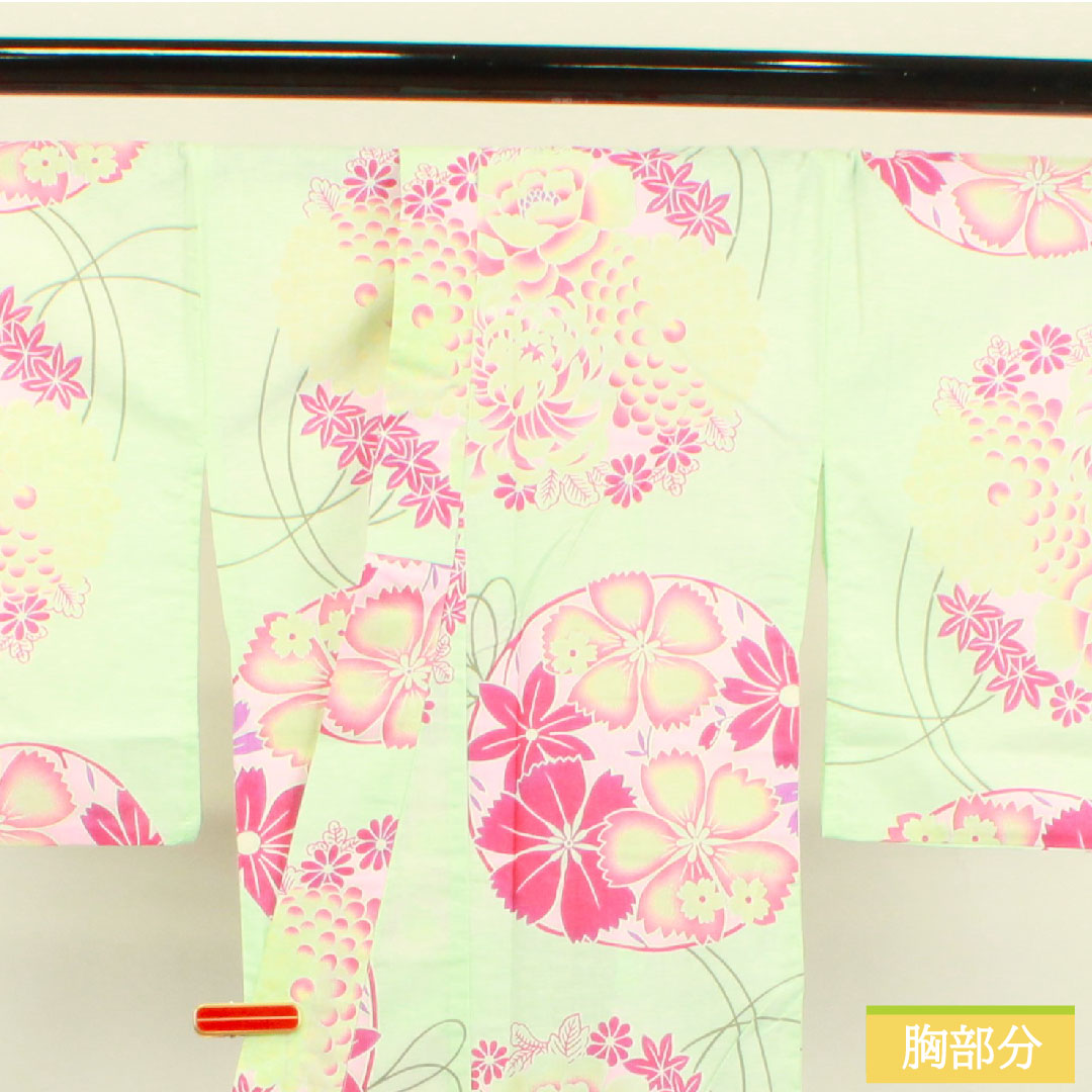 浴衣 木綿 身丈166.5cm 裄丈66cm Sランク 単衣 緑系 白緑色(びゃくろくいろ) 菊 撫子 1118004712519