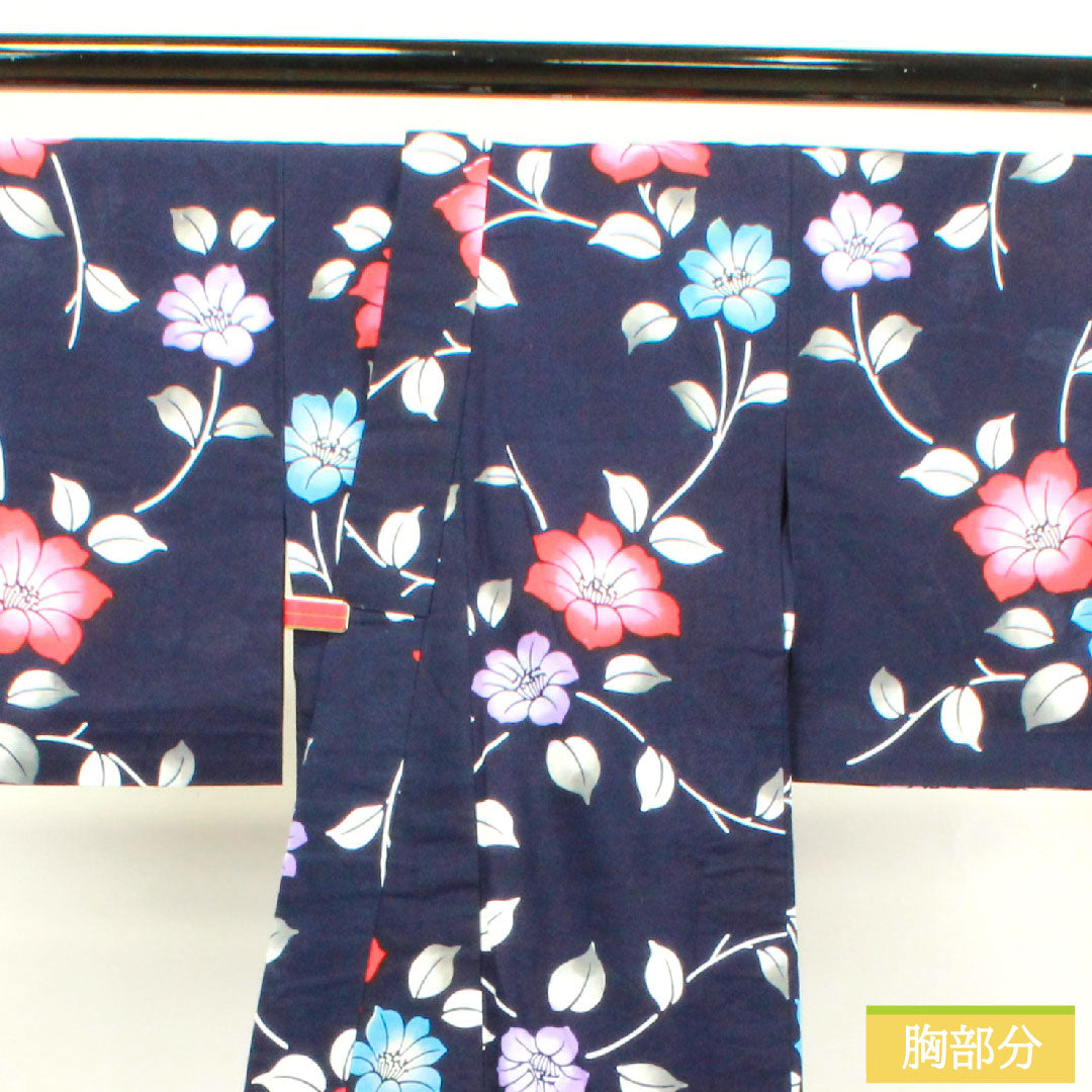 浴衣 木綿 身丈157cm 裄丈62.5cm Aランク 単衣 紺系 濃紺色(のうこんいろ) 椿 1118004593318