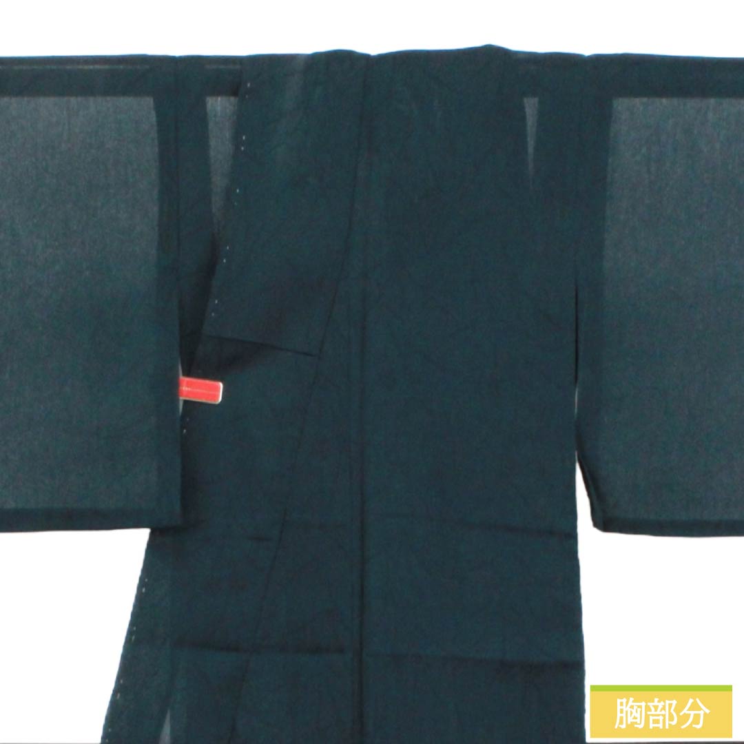 夏物 ポリエステル 色無地 Aランク 身丈160cm 裄丈63.5cm 青墨色(あおずみいろ) 草花模様 縮風 紗 緑系 1132004623419
