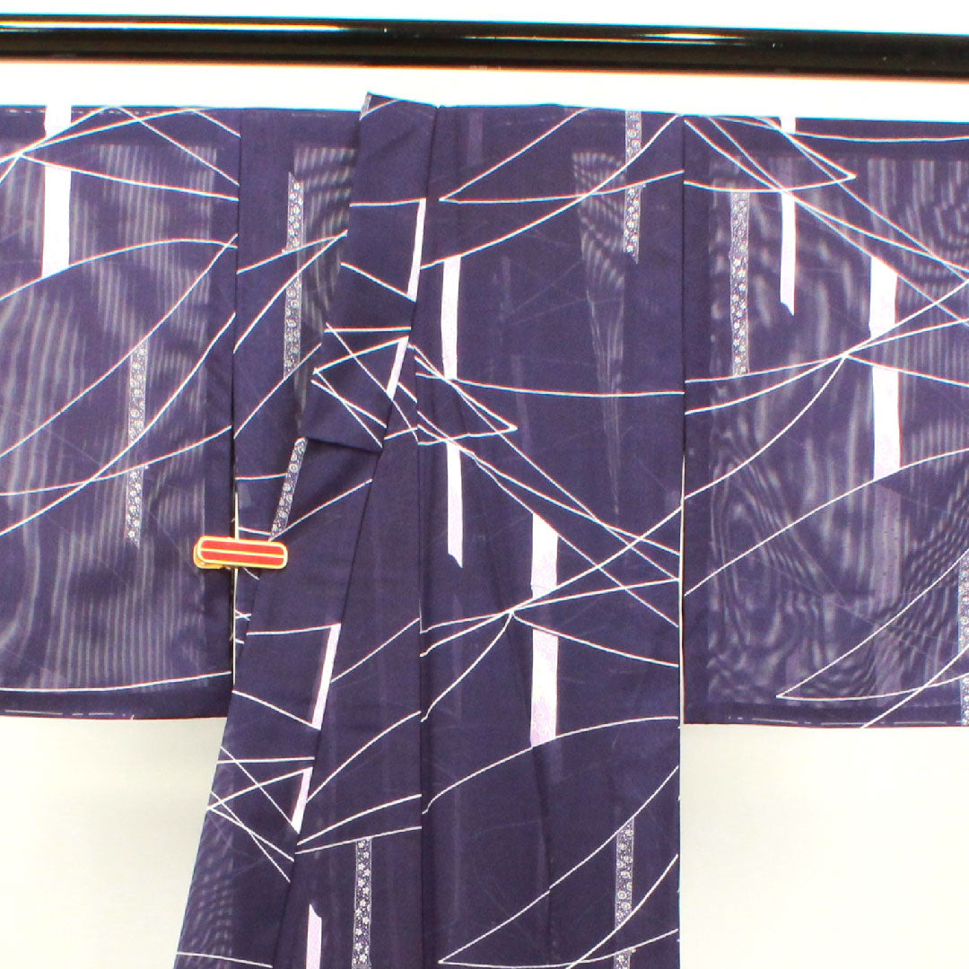 夏物 ポリエステル 小紋 身丈158.5cm 裄丈60.5cm 紫紺色(しこんいろ) 竹 しつけ糸付き 未使用品 絽 Sランク 紫系 1132000942320