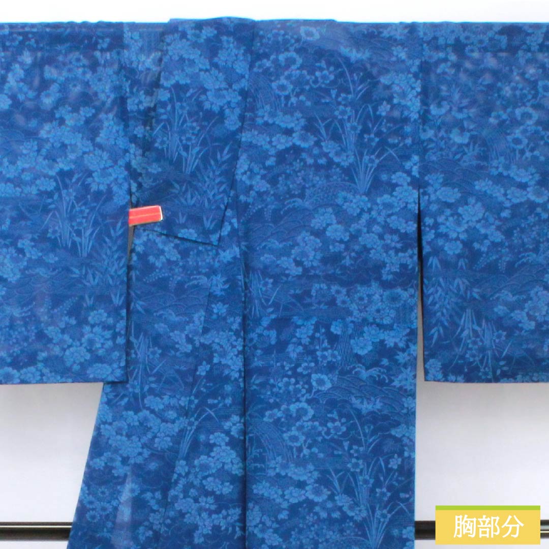 夏物 正絹 小紋 身丈157cm 裄丈65cm 紺桔梗色(こんききょういろ) 京紅型 草木染 五泉 絽 Aランク 紺系 1132002123318