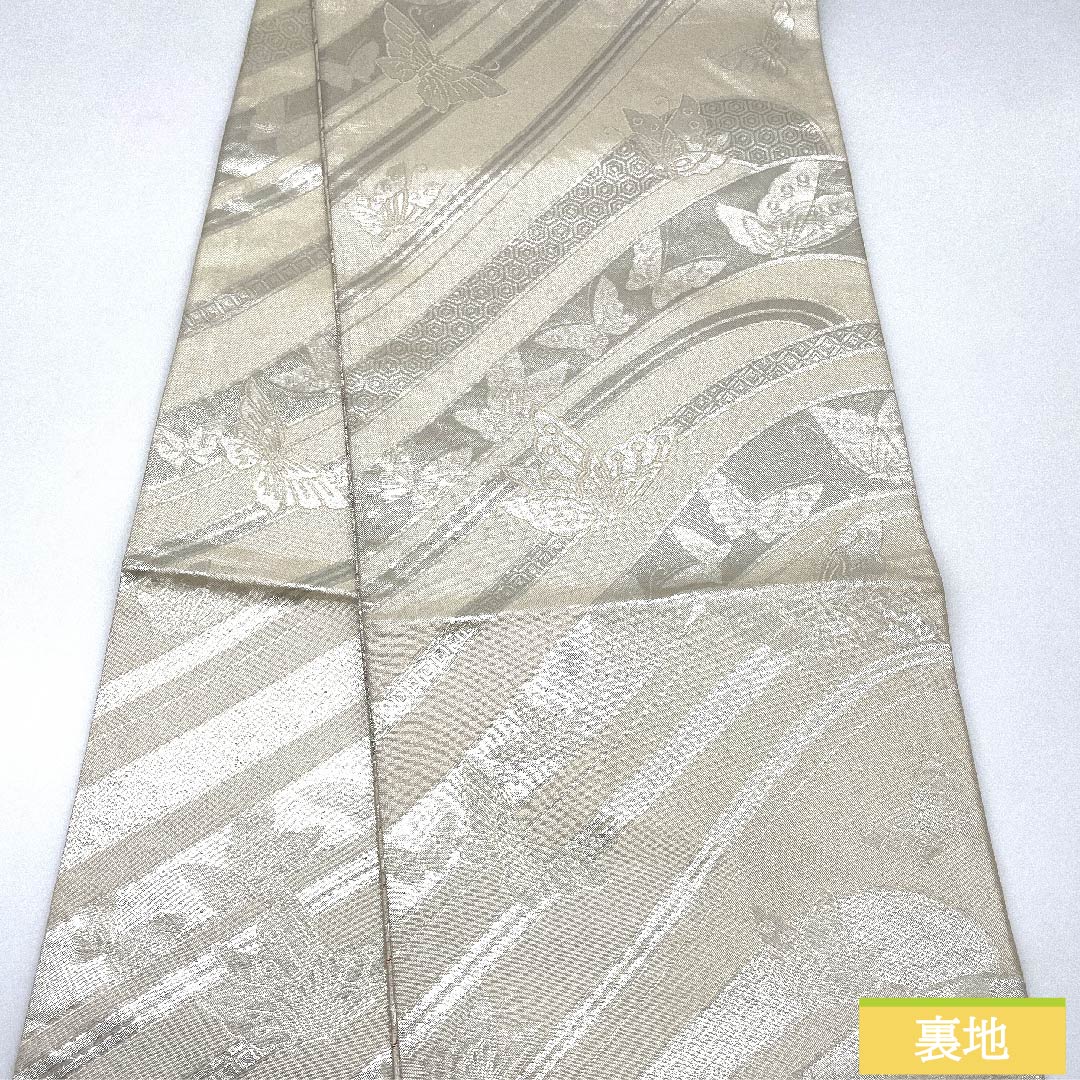 袋帯 銀色 幾何学模様 蝶 亀甲 菱 帯丈426cm 正絹 Sランク 全通 フォーマル 銀系 1123010342322