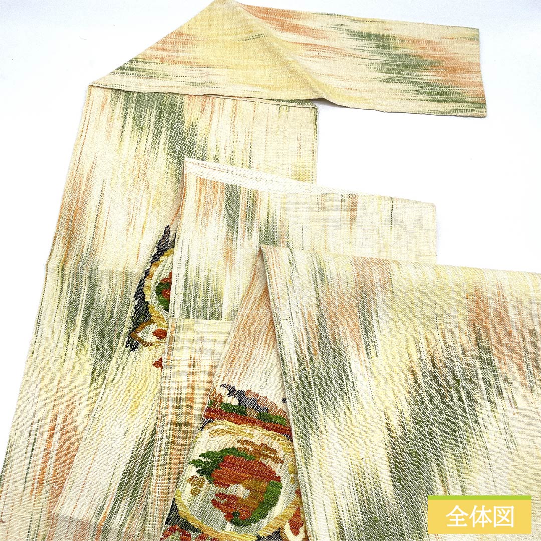 名古屋帯 生成り色 ギリシャ模様 紬地 帯丈353.5cm 正絹 Sランク ポイント柄 カジュアル クリーム系 1124005992315 松葉仕立て