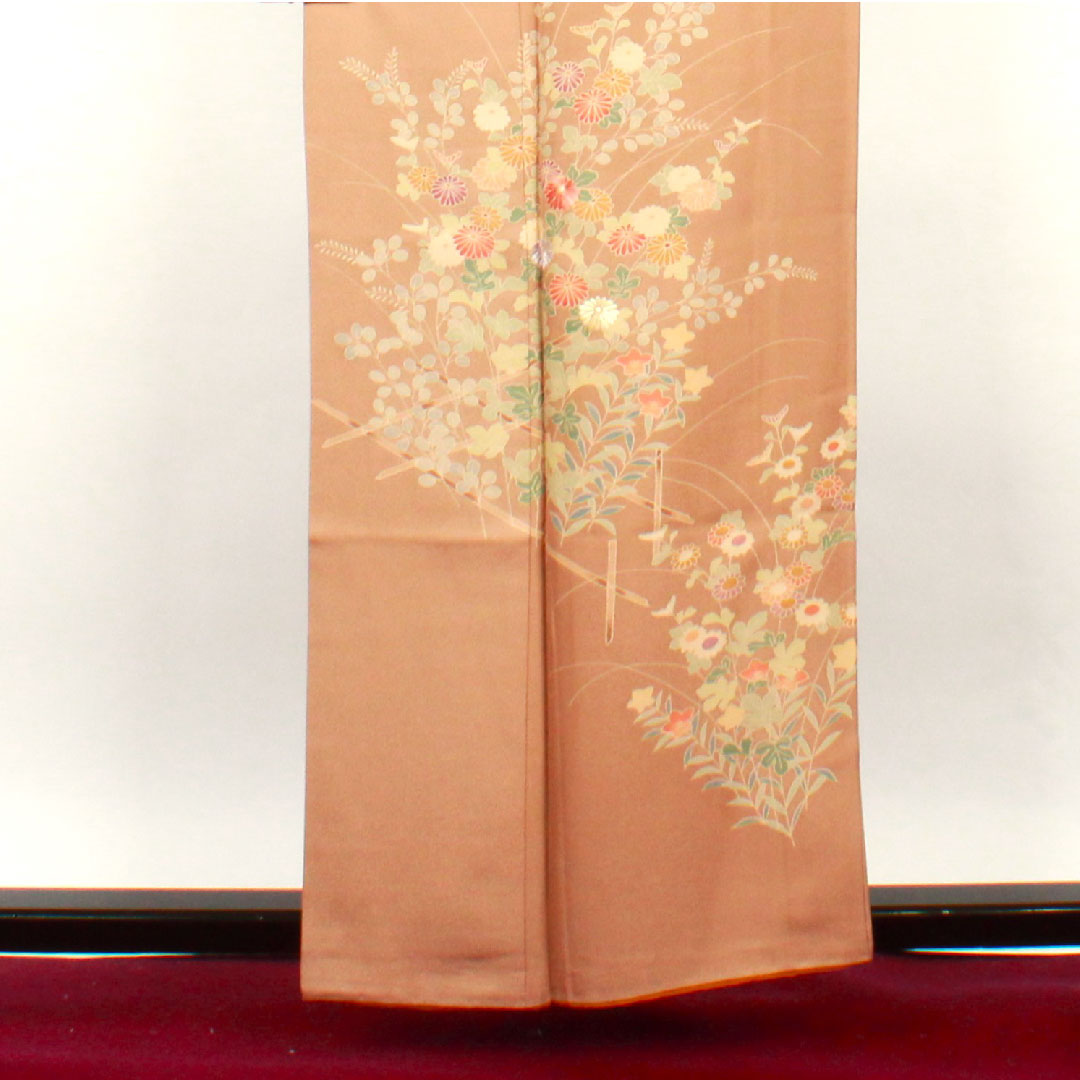 訪問着 袷 身丈159cm 裄丈64cm 柴染色 草花模様 正絹 Sランク 茶系 1112001582314