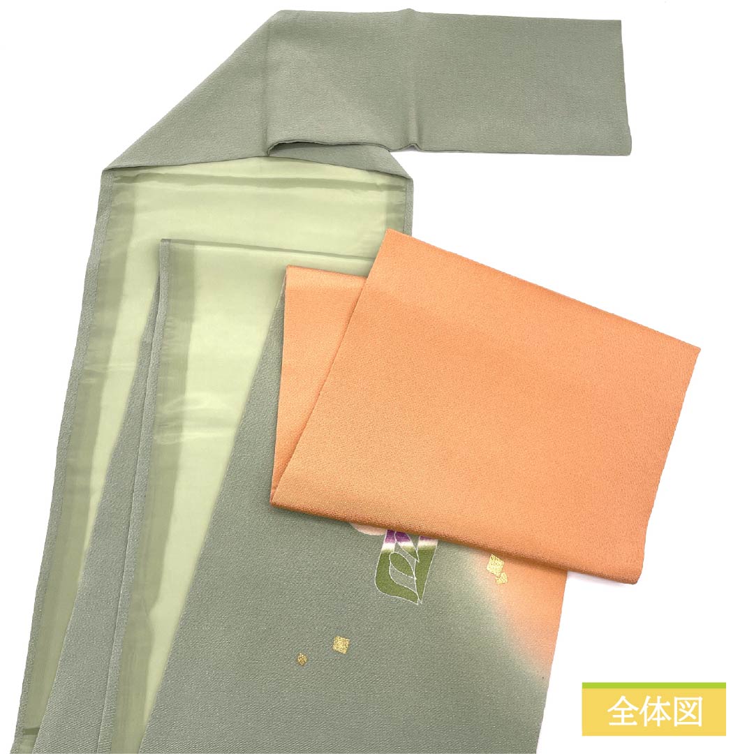 名古屋帯 裏葉色(うらはいろ) ちりめん地 染め帯 雪月花 帯丈364cm 正絹 Sランク ポイント柄 カジュアル 緑系 1124007042319 松葉仕立て