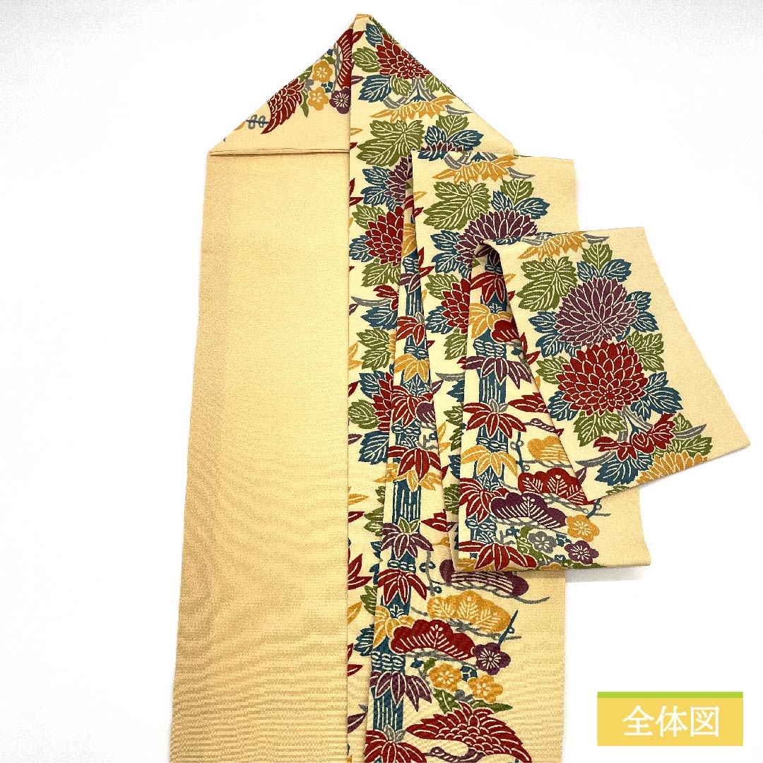 名古屋帯 麹色(こうじいろ) 松竹梅 万寿菊 紅型模様 帯丈360cm 正絹 Sランク 全通 カジュアル クリーム系 1124006472315 名古屋仕立て