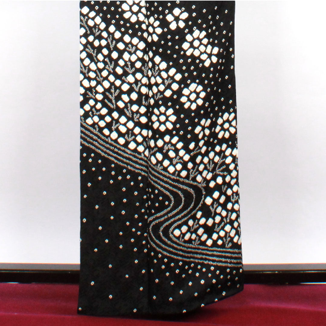 訪問着 袷 身丈159.5cm 裄丈62cm 絞り 花模様 正絹 Aランク 黒系 1112001693310