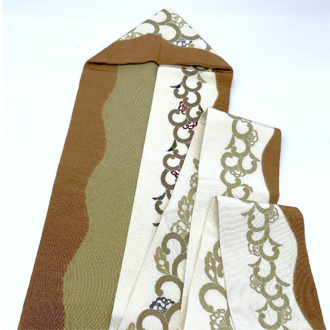 Nagoya obi, lotus leaf dyeing, Kyoto Bingata, Kuriyama Kobo, plant pattern, obi length 355cm, pure silk, S rank, point pattern, casual, brown, 1124005242314, Nagoya tailoring