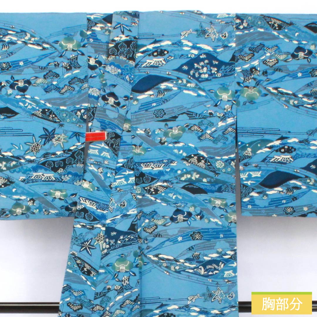 小紋 正絹 身丈154cm 裄丈64.5cm 単衣 空色(そらいろ) 型染 藍型調 吉祥文様 Bランク 青系 1115005614217