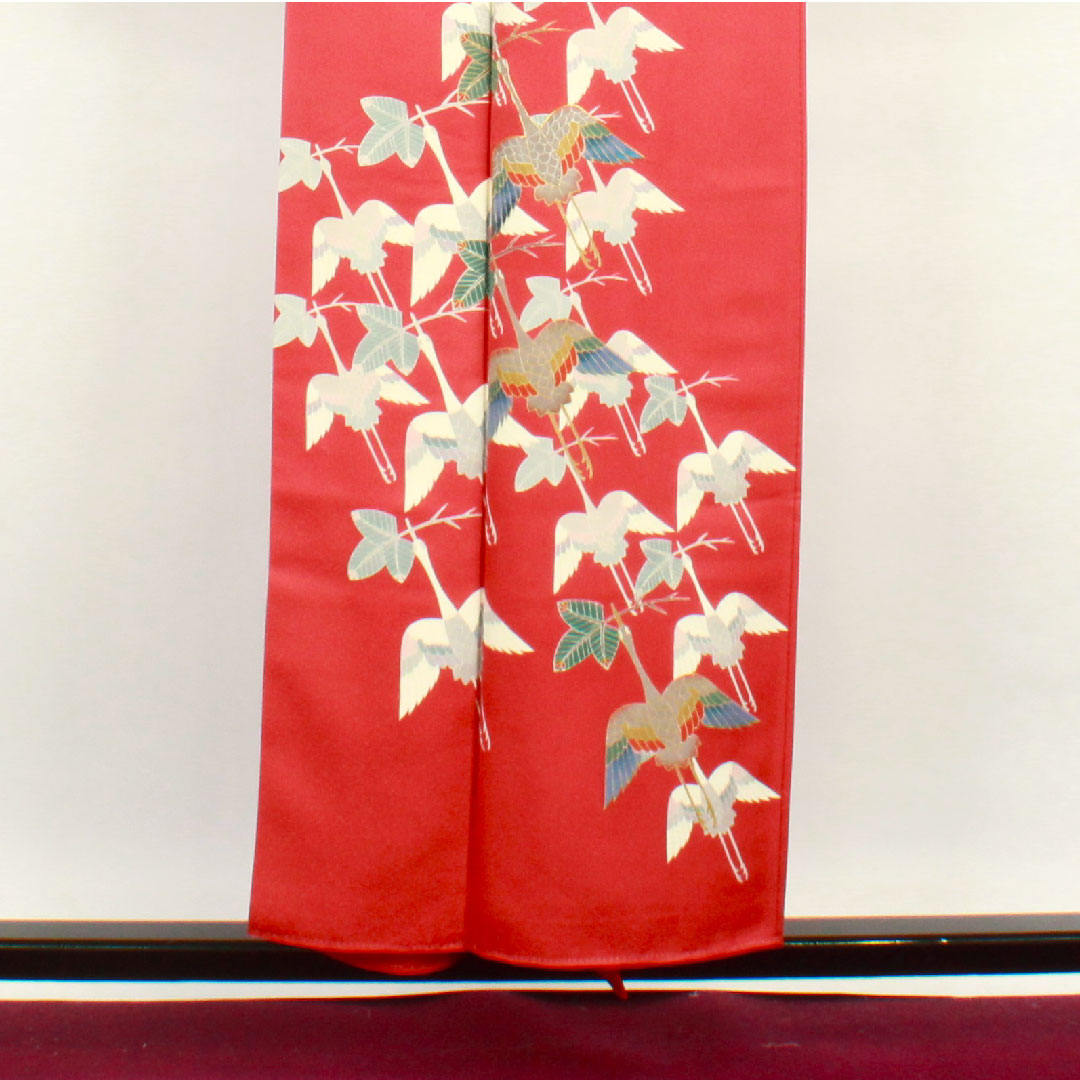 Homongi, lined, length 155cm, sleeve length 59cm, crimson silk, Kyo-Yuzen, crane, pure silk, A rank, red, 1112001863312