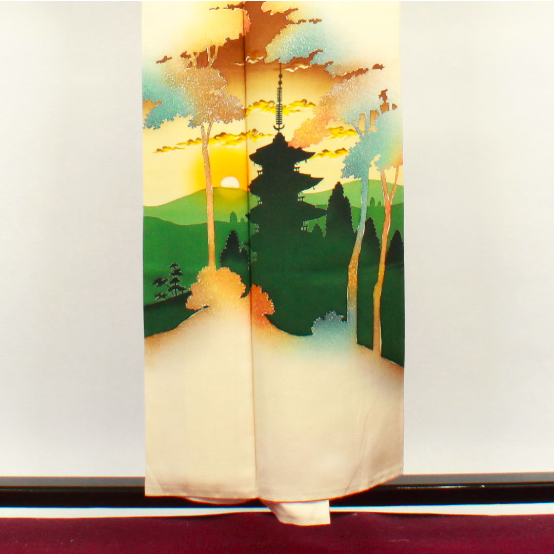 訪問着 袷 身丈152cm 裄丈60cm 砥粉色 風景模様 正絹 Aランク クリーム系 1112001873215