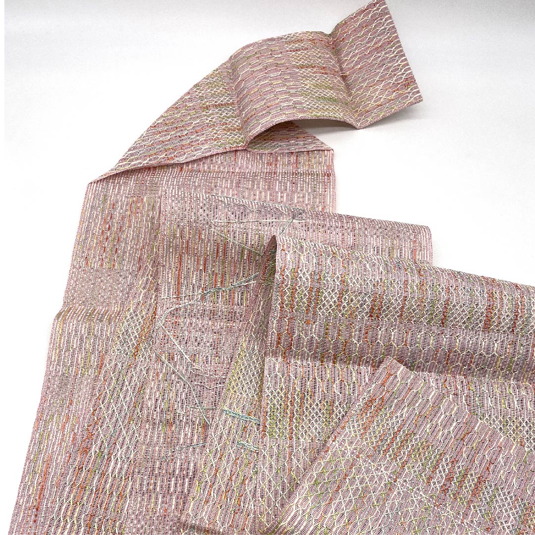 名古屋帯 御所染色 夏帯 紗 抽象模様 帯丈354.5cm 正絹 Sランク 全通 カジュアル ピンク系 1124004282313 松葉仕立て